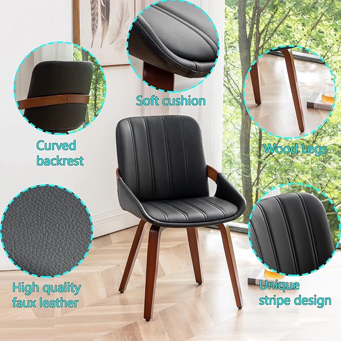 YOUUGIOR Mid Century Modern Faux Leather Upholstered Dining Chairs,Armless Accent Chairs with Sturdy Natural Wood Legs,Bamboo Backrest Support for Kitchen&Dining Room Chairs(1PCS,Black)