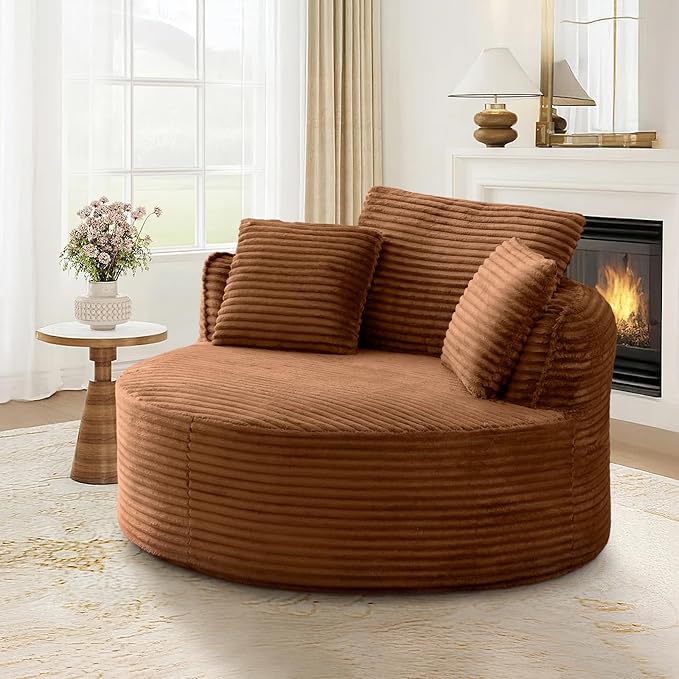53"W Oversized Round Chaise Longue Chair Indoor,Corduroy Fluffy Comfy Cloud Chair,Circle Bean Bag Sofa with Foam Filling & Pillows,Boneless Reading Cozy Sofa Chairs for Living Room,Bedroom,Orange