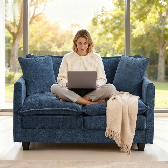 Loveseat Sofa Cloud Sofa Couch 50'', Modern Loveseats 2 Seat Couch 27" Deep Seat with 2 Pillows for Small Spaces Apartment Studio Office Bedroom Living Room 8834-BLUE