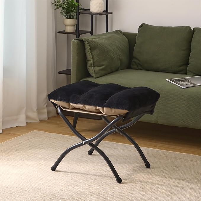 Mordchil HF 15"(H) Folding Ottoman, Set of 2, Foldable Footrest Stool, Small Foot Stool for Couch, Collapsible Foot Rest Ottoman for Sofa, Accent Padded Ottomans for Living Room, Bedroom, Black