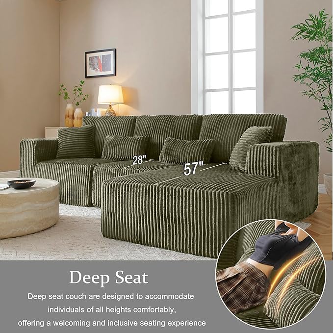 Modular Sectional Sofa Cloud Sectional Couch, 107" Comfy Fluffy L Shaped Olive Green Couches for Living Room, Deep Seat Memory Foam Plush Corduroy Boneless Couch Sectionals Right Facing Chaise Sofa