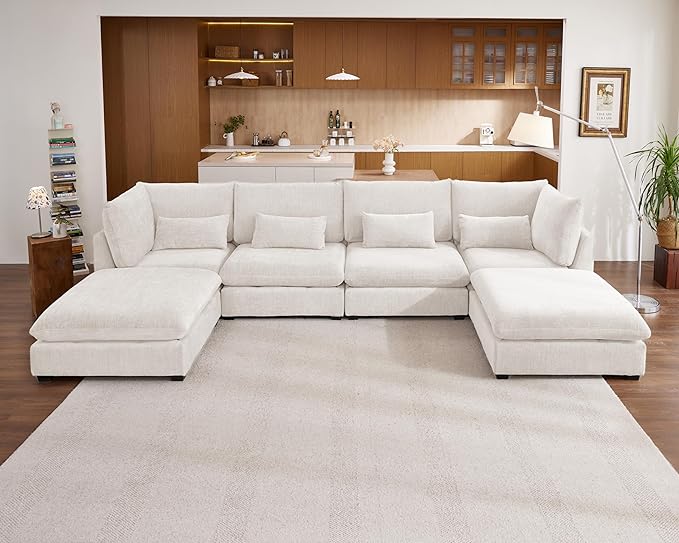Oversized Modular Sofa, Extra Deep Cloud Chenille Sectional Couch with Ottoman Chaise, Fluffy Chenille 6 Seat U-Shaped Sofa for Living Room, Villa (U Shape 6 Seater, Chenille White)