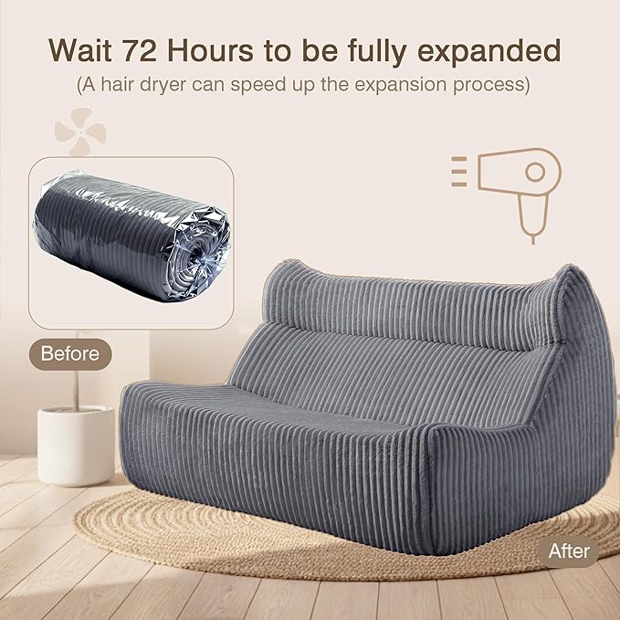Big Bean Bag Chairs, Lazy Floor Sofa, Fireside Chair for Living Room, Bedroom, Office (Grey, Loveseat)