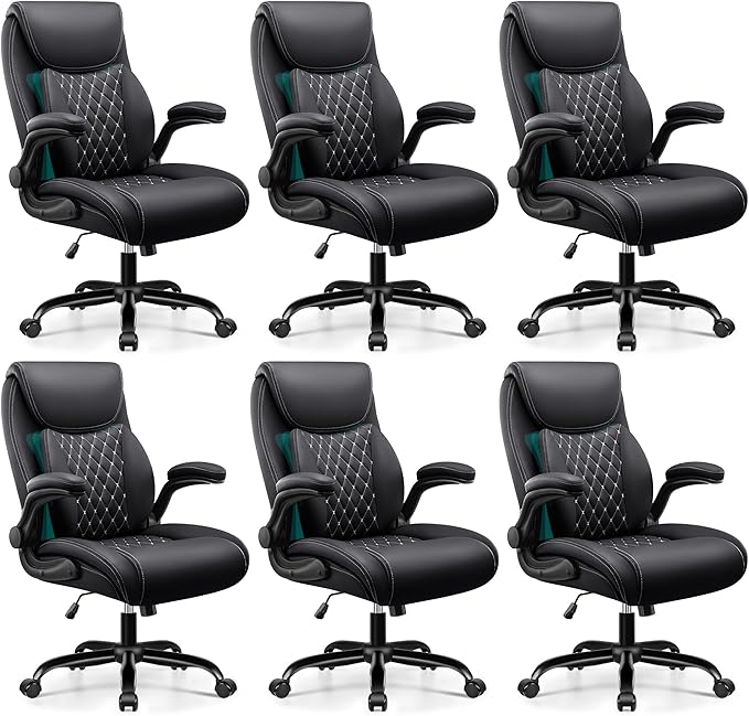 BESTFAIR Office Chair,Ergonomic Office Chair with Lumbar Support for Lower Back Pain Relief, Executive Leather Chair with Padded Flip-up Arms, Wheels and Adjustable Armrests, Black Pack of 6