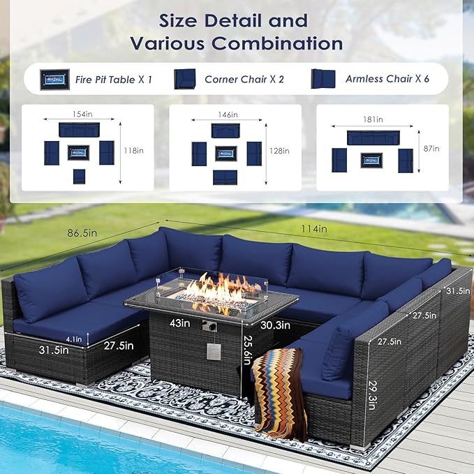 RADIATA 9 Piece Wicker Patio Furniture Set with Fire Pit, All-Weather Outdoor Sectional Couch High Back Large Size, Modular Backyard Seating Sofa Set with Propane/Natural Gas Firepit Table, Grey&Blue