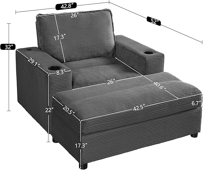 Merax 42.8" Oversized Chaise Lounge Chair with Storage Ottoman,Corduroy Sofa Bed with Cup Holders,USB Charging Port,Upholstered Sleeper Chair,Deep - Seat Reading Couch for Living Room,Bedroom,Grey
