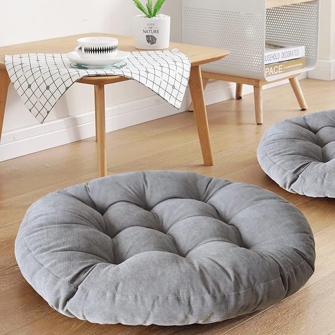 Sexysamba Round Floor Seat Pillows Cushions 22" x 22", Soft Thicken Yoga Meditation Cushion Pouf Tufted Corduroy Tatami Floor Pillow Reading Cushion Chair Pad Casual Seating for Adults & Kids, Grey