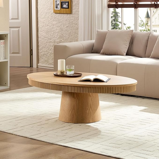 Coffee Table Modern Oval Wood Coffee Tables Mid Century Center Fluted Farmhouse Drum Tea Boho Wooden for Living Room Apartment Home Office Oka 47.24" W x 26.77" D x 15.86" H