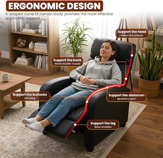 BestMassage Recliner Chair with Adjustable Backrest & Footrest, PU Leather Armchair with Lumbar Support for Living Room, Home Theater, Bedroom (Dark Black)