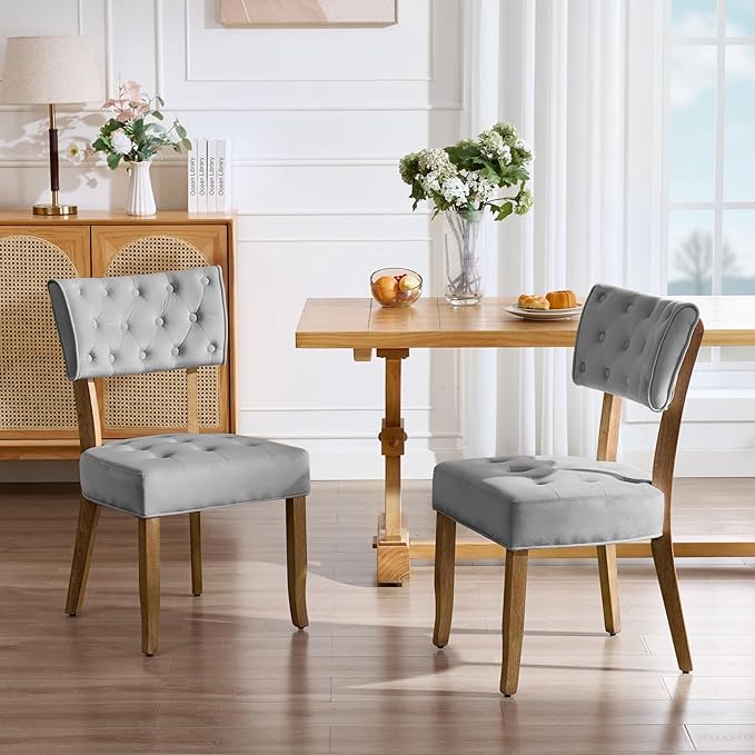 UVV Upholstered Dining Chairs Set of 2, Mid Century Modern Tufted Kitchen Chairs Dining Room Chairs, Velvet Dinner Chair with Wood Legs for Dining Room Kitchen, Light Grey
