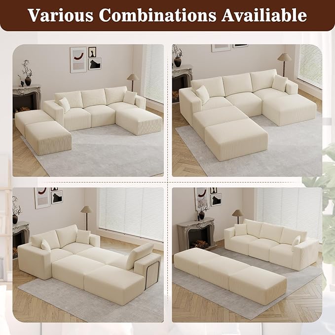 110" Modular Sectional Sofa, Cloud Couch Memory Foam Boneless Couch with Ottoman, Cozy Upholstered Corduroy Floor Couch, No Assembly Required Living Room Furniture for Apartment Home Decor, Beige