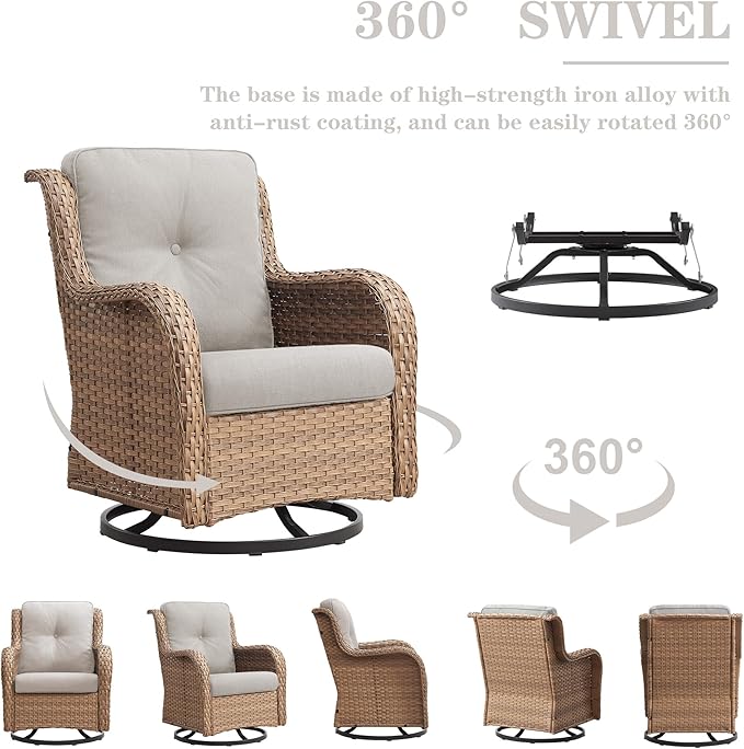 Belord Wicker Outdoor Furniture Patio Furniture Set - 6 Piece Patio Conversation Set with Swivel Rocker Chairs, Rattan Sofa, Ottomans and Coffee Table, Beige Cushion