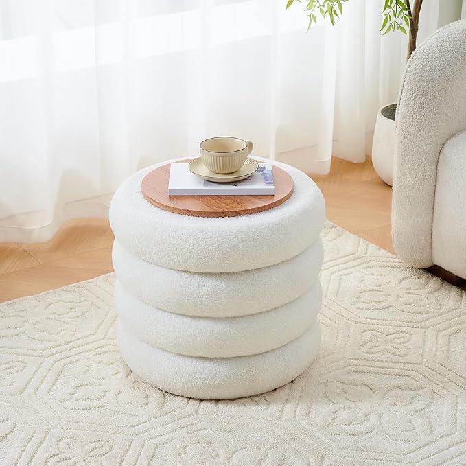 Wimarsbon Round Storage Ottoman, Modern Sherpa Footstool, Teddy Vanity Stool with Flip-Top Tray, Makeup Chair for Home Decor, Upholstered Footrest for Living Room & Bedroom (White)