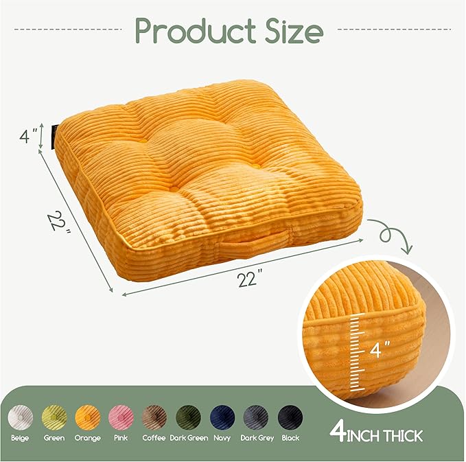 Washable Floor Pillow Cushion for Adults, Meditation Cushion Pillow, Large Square Floor Sitting, Removable Tufted Corduroy Cover, for Tatami Living Room or Yoga, 22x22 Inch, 2Pack, Machine Washable