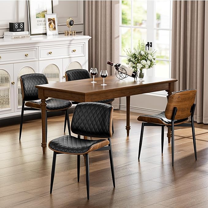 YaFiti Dining Chairs Set of 4, FSC Certified Mid Century Modern Accent Dining Room and Kitchen Chairs, Upholstered PU Leather Diamond Check Chairs with Walnut Bentwood and Metal Legs, Black