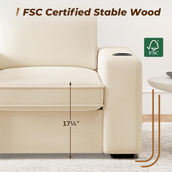 Furnimart 36" Wide Plush Accent Chair, Single Sofa with USB Charger & Cup Holder, Oversized Comfy Chair Tufted Terry Fabric, Ideal for Living Room, Bedroom, Apartment(Terry-Beige)