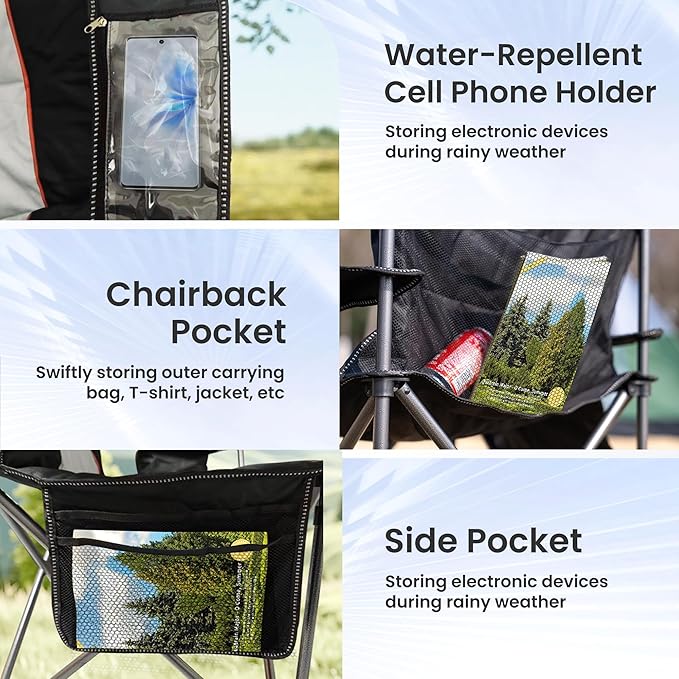 Oversized Camping Chair Heavy Duty- Portable Folding Chair, Cup Holder & Waterproof Phone Case for Adults, Beach, Hiking, Backyard (Black & Light Gray, 1 PCS)