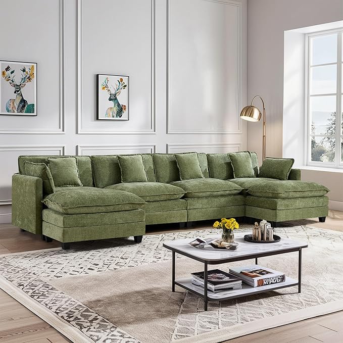 UMBFUN 4-Seater Cloud Couch with 2 Ottomans, Extra-Large Modular Sectional U Shaped Sofa with Deep Seat Cushions, Chenille Couch for Living Room, Green