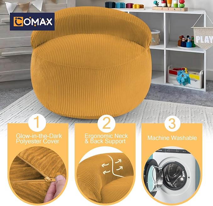COMAX Bean Bag Chair for Kids, Convertible Toddler Beanbag Bed Corduroy, Children Bean Chair Stuffed to Floor Mattress with Filler, Yellow