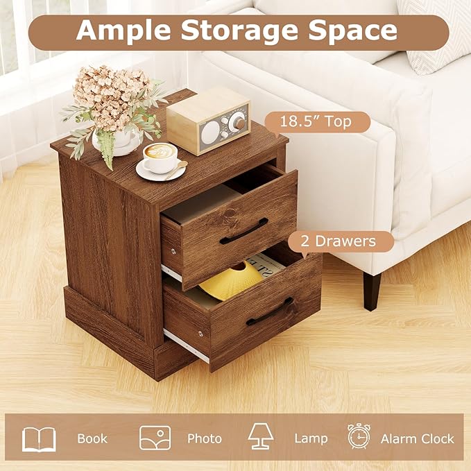 SIMOE Walnut Farmhouse Nightstand Set of 2, Wooden Bedside Table with 2 Storage Drawers, Compact Floor-Standing Night Stand, Accent Sofa Side Table for Bedrooms