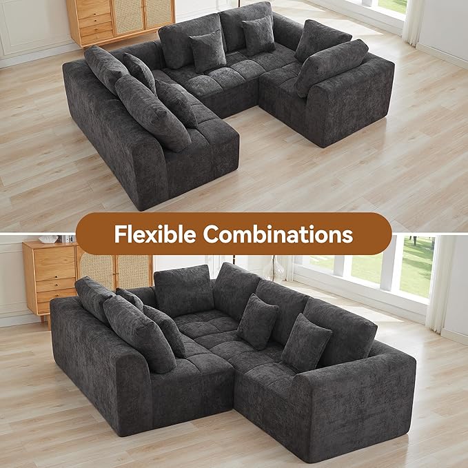 110''Modular Sectional Couches for Living Room, Cloud Boneless Compressed Sectional Sofa, Oversized U Shaped 5 Seater Upholstered Memory Foam Sofa, No Assembly, Chenille Grey