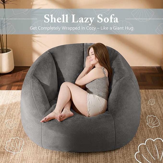 Giant Bean Bag Chaise Lounge Indoor Chair for Adults with Ottoman - Comfy Plush Round Shell Soft Accent Chair, Oversized Cozy Floor Sofa for Living Room, Dorm & Game Rooms, Gray