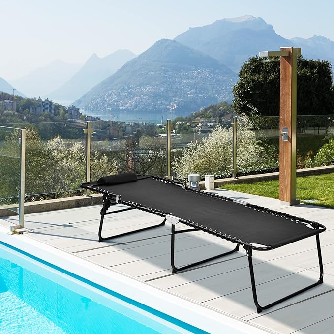 Goplus Chaise Lounge Chair Outdoor, Extra Large Folding 5-Postion Beach Lounge Chair with Detachable Pillow, Side Pocket, Sunbathing Lounge Chair, Adjustable Tanning Chair for Patio Lawn Pool Yard