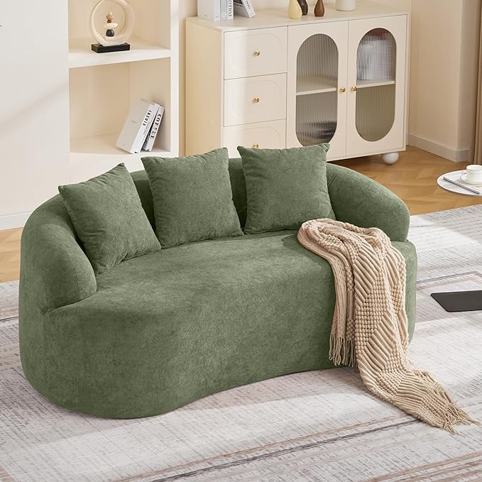 Abbrevi 65" Curved Loveseat Sofa, Deep Seat Love Seat Couches with 3 Throw Pillows, Modern 2 Seater Boneless Curved Couch, Compressed Floor Sofa for Living Room Small Spaces, No Assembly, Green