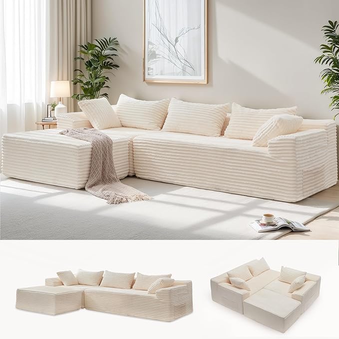 Korser 110" Sectional Couches for Living Room, Modular Sectional Sofa with L-Shape Chaise, Cloud Couch, Comfy Corduroy Fluffy Couch with Deep Seat and Side Pockets