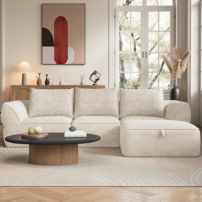 104" Modular Sectional Sofa with Deep Seat, Comfortable Upholstery L Shaped Cloud Couch for Living Room, 3-Seater Boneless Sofa with Movable Ottomans, Removable Cover, No Assembly Required, Apricot