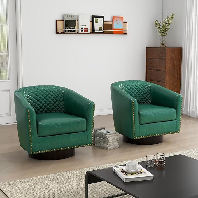 DREAMSIDEA Swivel Barrel Accent Chair, Comfy Modern Upholstered Round Faux Leather Arm Chair for Living Room, Bedroom（Green, Set of 1