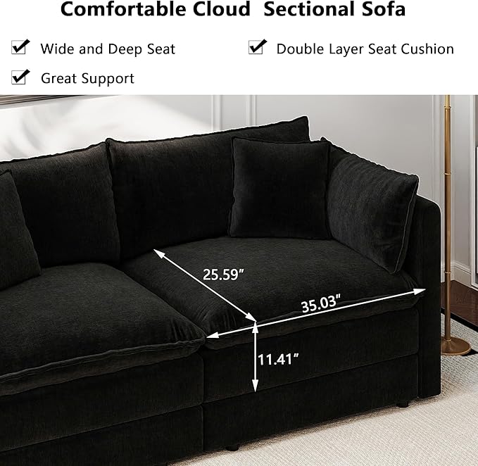 Aoowow Modular Sectional Sofa Modern Convertible L Shaped Couch,147.2 Inch Deep 4-Seater Sofas Set Comfy Chenille Cloud Sofas and Couches with Movable Ottoman for Living Room Apartment（Black）