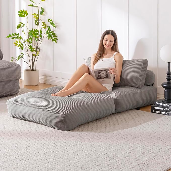 Waxberry Folding Sofa Bed, Convertible Sleeper Chair Couch Bed, Corduroy Upholstered Boneless Sofa for Living Room Bedroom, with Back Support Floor Couch, Dark Grey