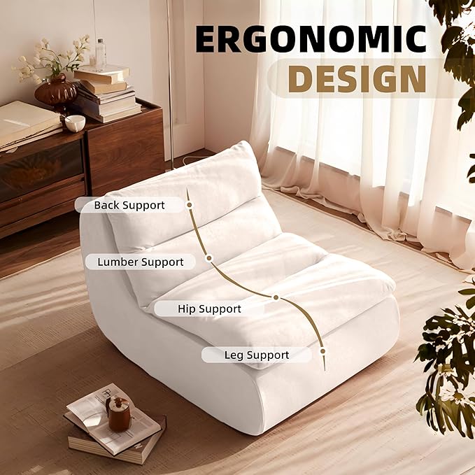 Bean Bag Chair - Memory Foam Bean Bag Chair for Adults, Comfy High-Resilience Single Sofa, Small Space Floor Chair, Chaise Lounge for Living Room, Bedroom (Beige, Cushions)