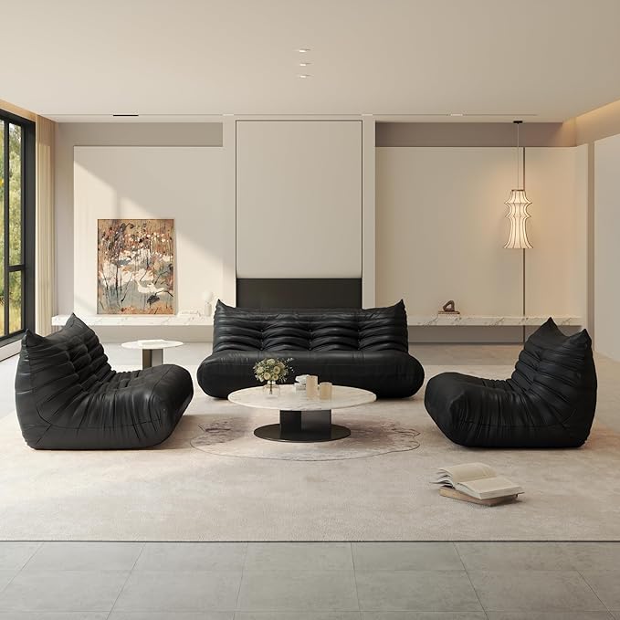 Fireside Chair Lazy Floor Sofa Set, Cozy Memory Foam Bean Bag Chairs, Faux Leather Giant Bean Bag Chair Sofa, Armless Foam Couch Lounger Tatami Recliner for Living Room Bedroom Dorm Office