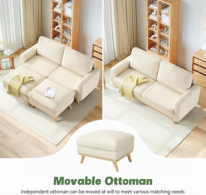 Vesgantti 68" Loveseat Sofa with Movable Ottoman, Comfy Corduroy Couch with Spring Cushion, Sofa Couch with Solid Wood, Modern Office Sofa with Deep Seat for Living Room and Bedroom, Beige