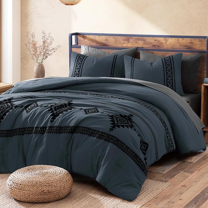 MaiRêve California King Comforter Set Blue Grey, Embroidery Western Bedding Set Boho 7 Pieces, Farmhouse All-Season Bed in A Bag with Sheets, Pillowcases & Shams