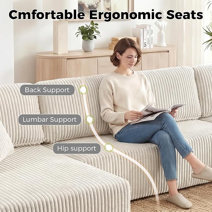 VYNELITO Oversized U Shaped Couch with Chaise, Modern Modular Sofa with Deep Seat, Corduroy Upholstered Boneless Couch for Living Room, No Assembly Required, Beige
