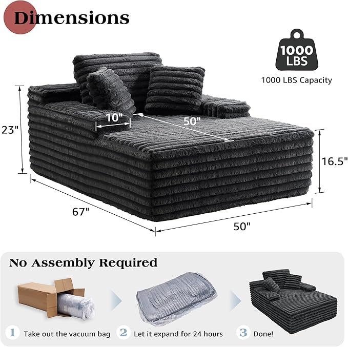 Jocisland 67 inch Chaise Lounge, No-Assembly Sofa Chaise with Throw Pillows and Armrests, Faux Fur Sleeper Sofa for Living Room, Apartments, Gray