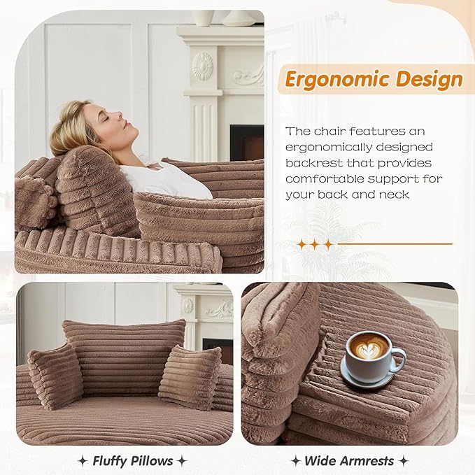 55"W Oversized Round Chair Lounge Chaise Indoor, Upholstered Comfy Circle Sofa Armchair, Modern Cozy Boneless Foam Floor Reading Chair for Living Room, Bedroom, No Assembly Required(Corduroy, Brown)