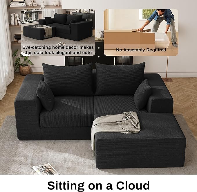 DAMAIFROM 80" Convertible Sleeper Sofa Bed with Soft Pillow, Corduroy Folding Mattress Couch with L-Shape Chaise, Modular Floor Sofa Lounge Couch for Living Room Bedroom Lounge (Black)