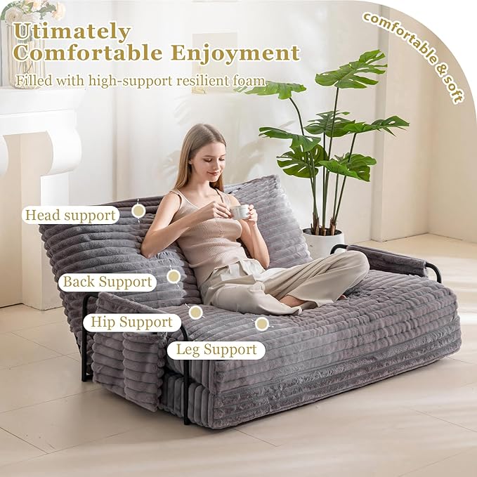 YOSHOOT Adjustable Lazy Floor Sofa Bed, Convertible Bean Bag Sofa Bed Couch, 5-Position Foldable Sleeper Chair with Armrest, Versatile Floor Seating Sofa for Reading Gaming（Grey）