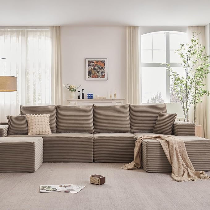 135.4" Cloud Sectional Couch with Ottoman,Modern U-Shaped Cloud Couch with Deep Seat,Comfy Corduroy 4-Seater Sofa,Memory Foam Sofa for Living Room,No Assembly (Camel,Right-Facing Chaise)
