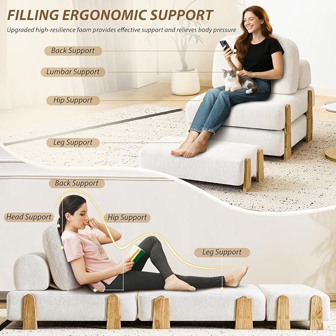 Folding Sofa Bed with Ottoman, 2-in-1 Fold Out Single Sleeper Chair with Wooden Frame, Headrest & Lumbar Pillow, Chenille Boneless Memory-Foam Filled Floor Couch Seating for Living Room Reading, Beige