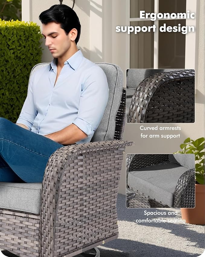 CAODOC 3-Piece Swivel Rocking Rattan Chair Outdoor, Patio Bistro Furniture Conversation Set, Wicker Chair with Coffee Table Dark Gray