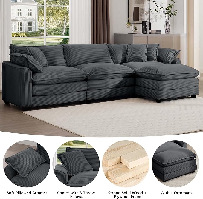 Aoowow Corduroy 3 Seater Cloud Couch with Ottoman,Modern Cloud Couches for Living Room,Modular Sectional Cloud Sofas with Deep Seat,Oversized Tufted L-Shaped Sofa Set. (Grey, 3 Seater + 1 Ottoman)
