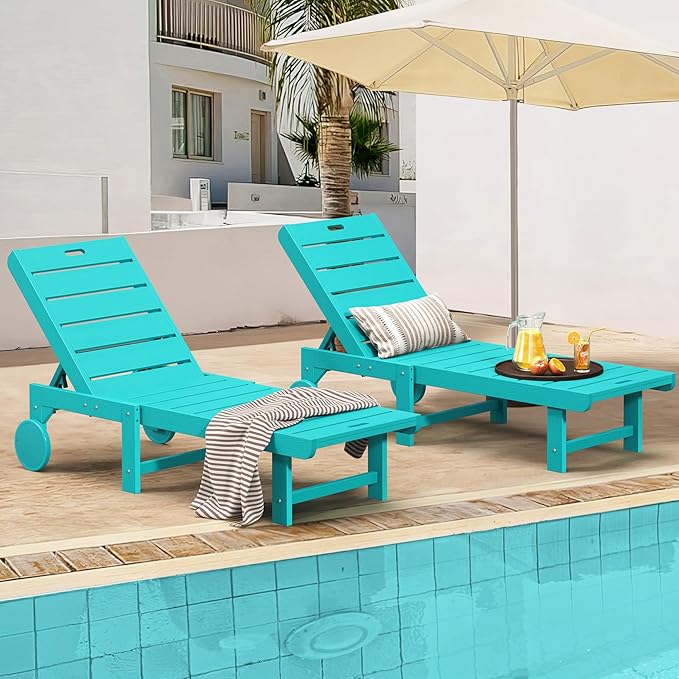 Homenjoy Outdoor Chaise Lounge Chairs Set of 2, 2-Piece, 26.8” Super Wide Lounge Chair Outdoor, HDPS Pool Chairs with 5 Positions, Patio Lounge Chair with Wheels for Pool,Lawn,Backyard, Aruba Blue