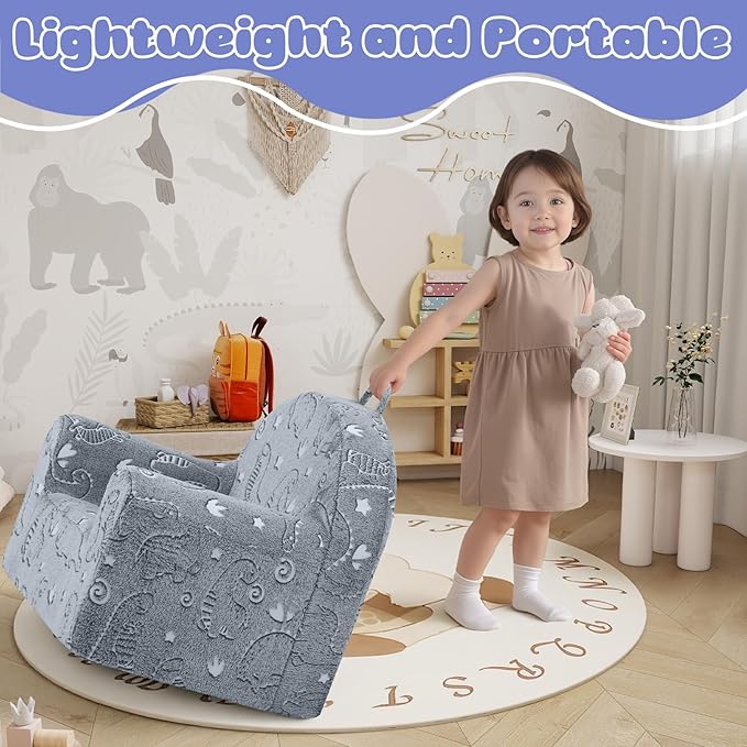 MeMoreCool Comfy Toddler Chair for 1-3 Years Old, Glow Dinosaur Kids Reading Chair, Soft Plush Toddler Armchair, Cozy Foam Lounge Kids Armchair for Baby Room, Living Room, Playroom, Reading Nook