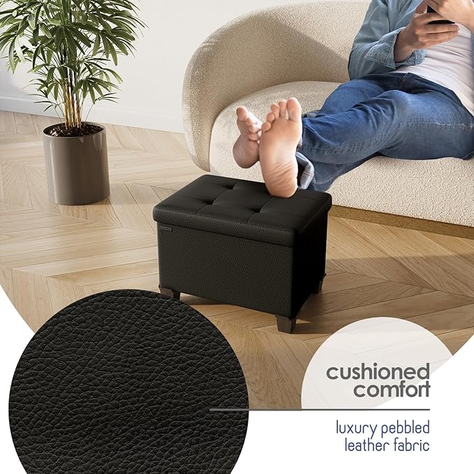 Storage Ottoman Cube with Small Bin, 16-in Square Ottoman with Storage for Living Room and Bedroom, Small Ottomans Foot Rest, Faux Leather Foot Stools Ottomans Max 330lbs, Black