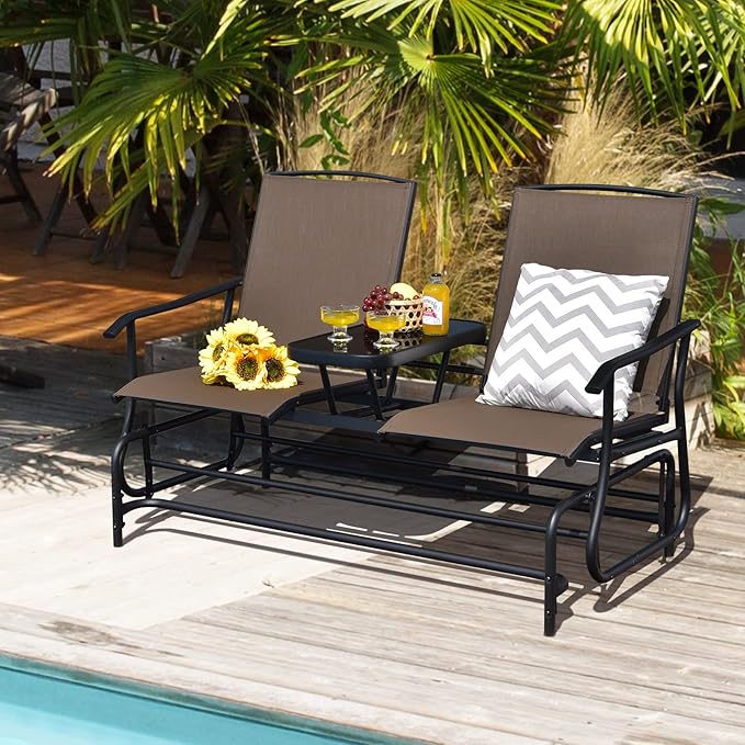 S AFSTAR 2-Person Outdoor Glider, Patio Glider Bench Chairs with Center Tempered Glass Table & Breathable Loveseat, Double Swing Glider Chair for Porch Garden Poolside Balcony Lawn (Brown)